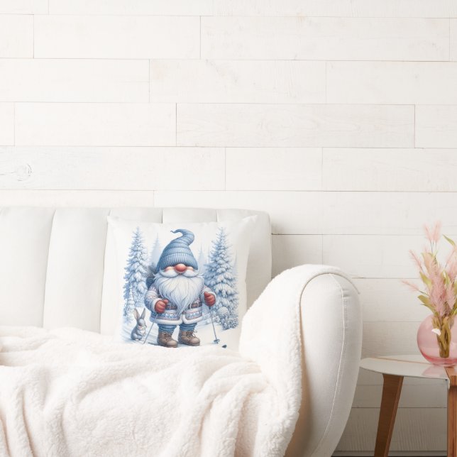Winter Gnome Skiing With a Bunny Throw Pillow (Couch)