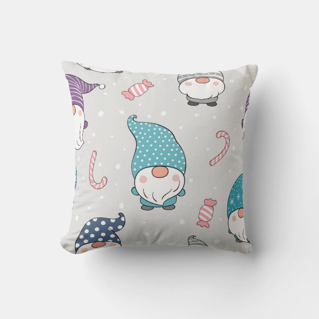 Winter Gnomes and Candy Seamless Pattern Throw Pillow (Front)