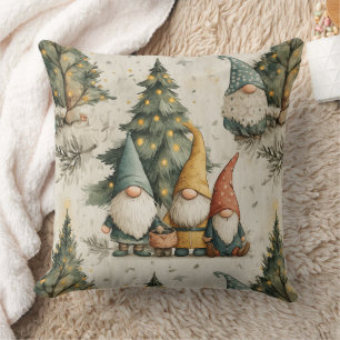 Winter Gnomes With Lit Christmas Tree Throw Pillow
