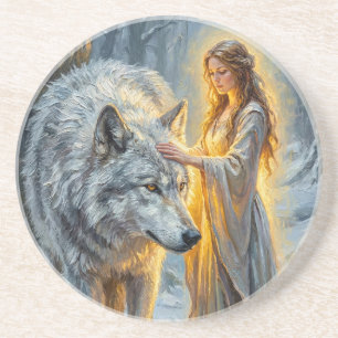 Winter Goddess & White Wolf Coaster
