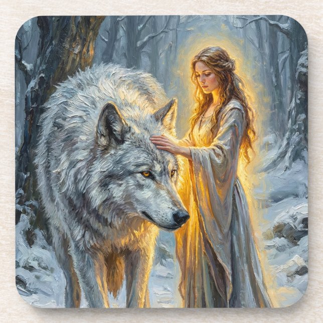Winter Goddess & White Wolf Coaster (Front)