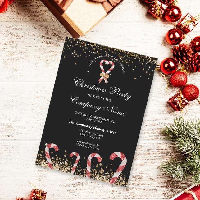 Winter Gold Glitter Christmas Corporate Party Invitation (glitter candy cane heart with a bow)