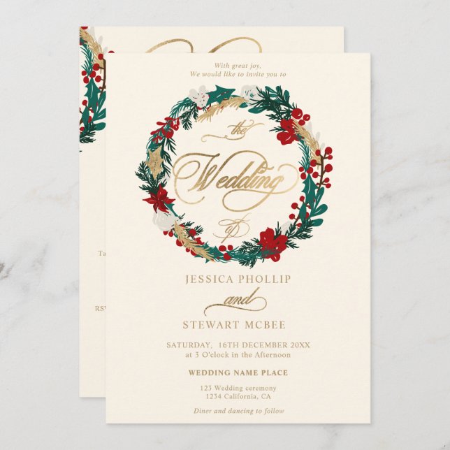 Winter gold ivory all in one calligraphy wedding invitation (Front/Back)