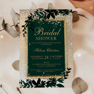 Winter gold typography leaf snow bridal shower invitation