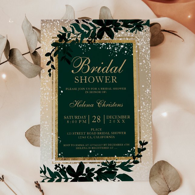 Winter gold typography leaf snow bridal shower invitation (Winter gold typography leaf snow bridal shower invitation on green)