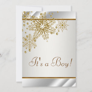 Winter Gold White Snowflakes Baby Boy Shower Invitation
