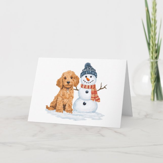 Winter Goldendoodle Dog Cute Snowman Card (Front)