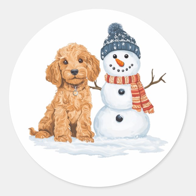 Winter Goldendoodle Dog Cute Snowman Classic Round Sticker (Front)
