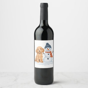 Winter Goldendoodle Dog Cute Snowman Wine Label