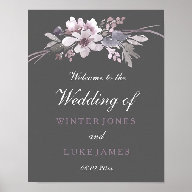 Winter Gray Floral Watercolor Wedding Poster (Front)