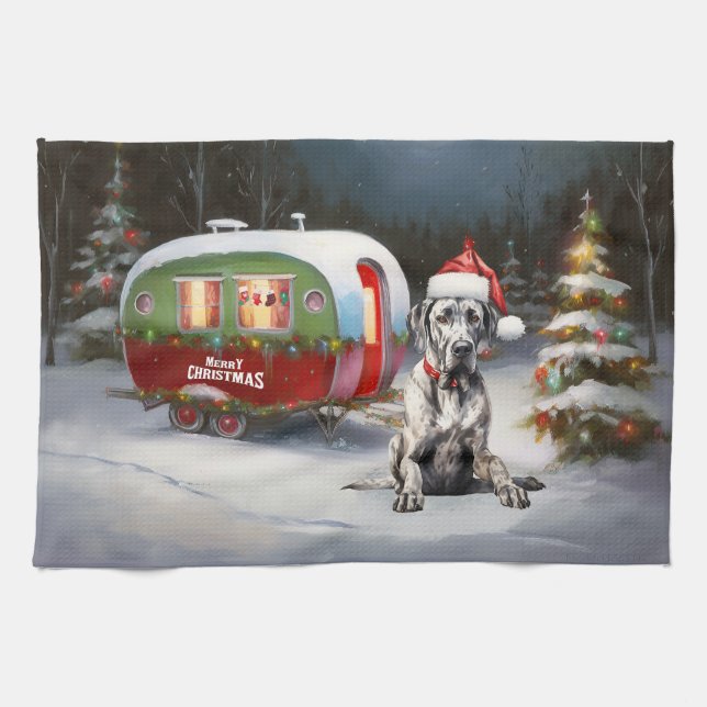 Winter Great Dane Caravan Christmas Adventure Kitchen Towel (Horizontal)
