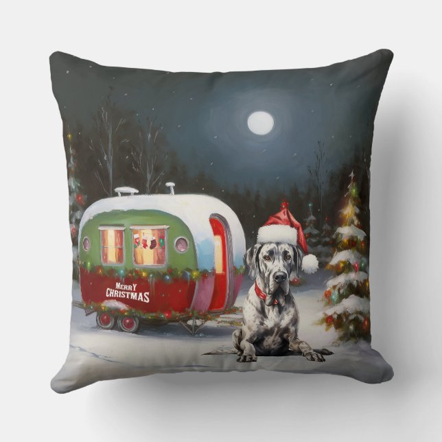 Winter Great Dane Caravan Christmas Adventure Throw Pillow (Back)
