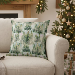 Winter Green And Gold Pine Tree Wonderland Pattern Throw Pillow