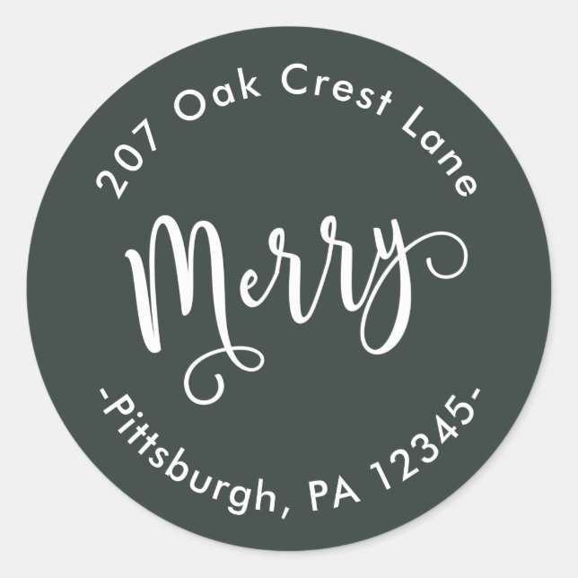 Winter Green and White Merry Script Christmas Classic Round Sticker (Front)