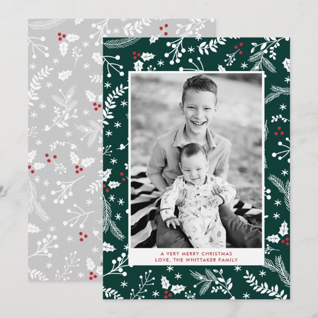 Winter Green Berries Christmas Holiday Flat Card (Front/Back)