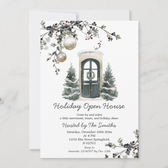 Winter Green Christmas Baubles Holiday Open House Invitation (Front)