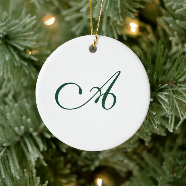Winter Green Elegant Script Monogram Christmas  Ceramic Ornament (Tree)