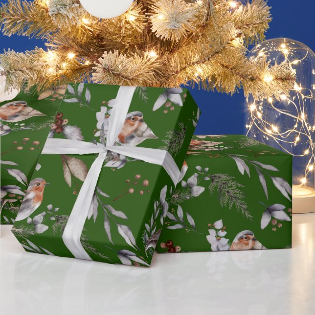 Winter Green Robin Greenery Watercolor Wrapping Paper (Holidays)