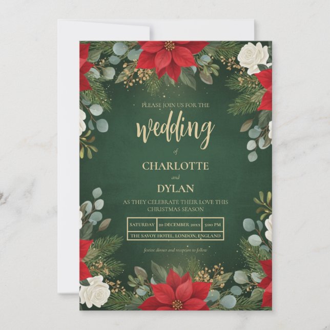 Winter Green Velvet Christmas Floral Wedding Invitation (Front)