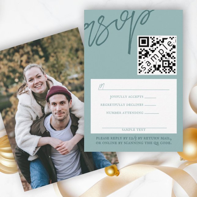 Winter Green Wedding RSVP Card with QR Code (simple winter green rsvp response reply enclosure card mint green script calligraphy qr code barcode)