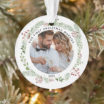 Winter greenery 1st Christmas Married ornament<br><div class="desc">A great keepsake for your 1st year Married. Personalized with a beautiful photo from your Wedding and your names   town   year on back.</div>