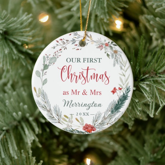 Winter Greenery 1st Christmas Together Photo Ceramic Ornament (Tree)
