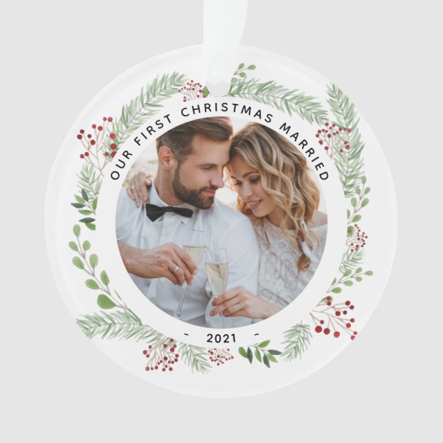 Winter greenery 2 photos just Married ornament (Front)