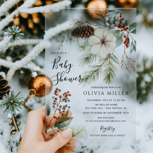 Winter Greenery Acrylic Baby Shower Invitation