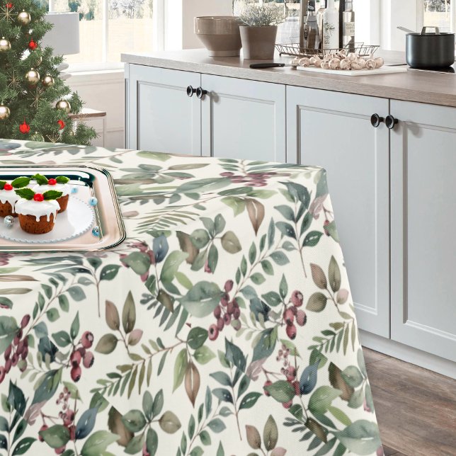 Winter Greenery and Berries Rustic Christmas Tablecloth (An elegant festive tablecloth, with winter botanical pattern of green leaves and red berries)
