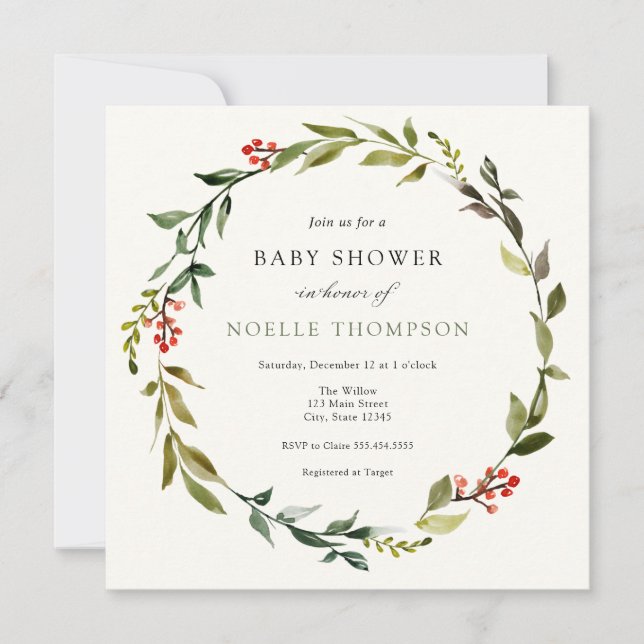 Winter Greenery and Holly Baby Shower Invitation (Front)