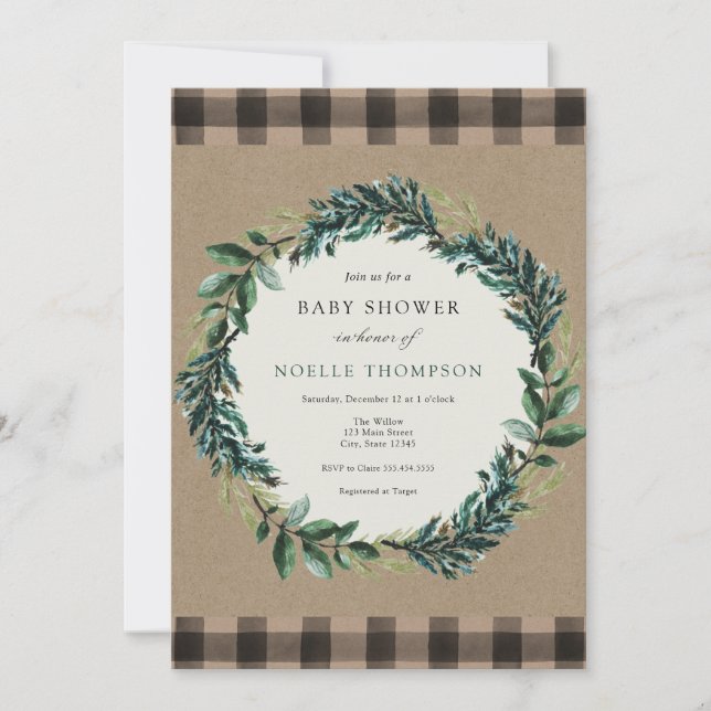 Winter Greenery and Plaid Baby Shower Invitation (Front)