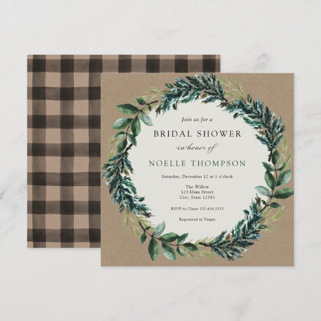 Winter Greenery and Plaid Bridal Shower Invitation (Front/Back)