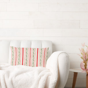 Winter Greenery and Red Striped Pattern Lumbar Pillow
