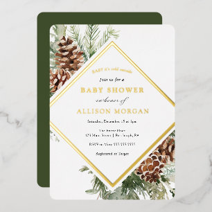 Winter Greenery Baby Shower Foil Invitation