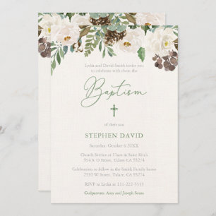Winter Greenery Baptism Reception for Boy Invitation