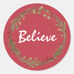 Winter Greenery Berries Wreath Christmas Believe Classic Round Sticker