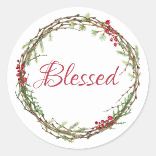 Winter Greenery Berries Wreath Christmas Blessed Classic Round Sticker
