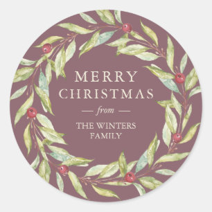 Winter Greenery Berries Wreath Christmas Burgundy Classic Round Sticker