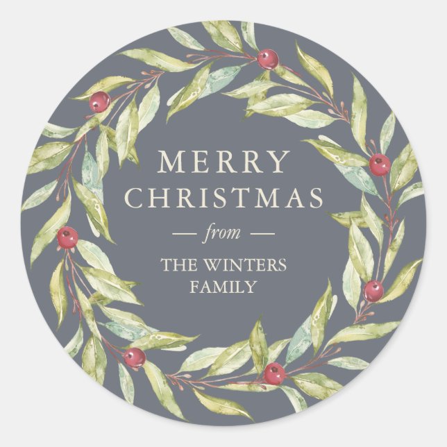 Winter Greenery Berries Wreath Christmas Dark Blue Classic Round Sticker (Front)