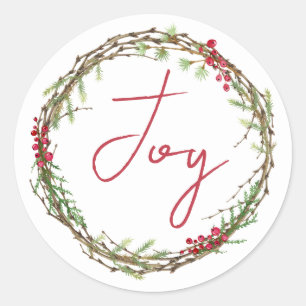 Winter Greenery Berries Wreath Christmas Joy Classic Round Sticker