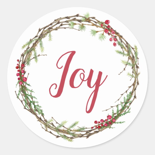 Winter Greenery Berries Wreath Christmas Joy Classic Round Sticker (Front)