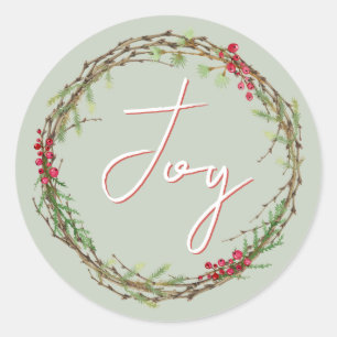 Winter Greenery Berries Wreath Christmas Joy Classic Round Sticker