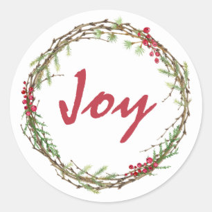 Winter Greenery Berries Wreath Christmas Joy Classic Round Sticker