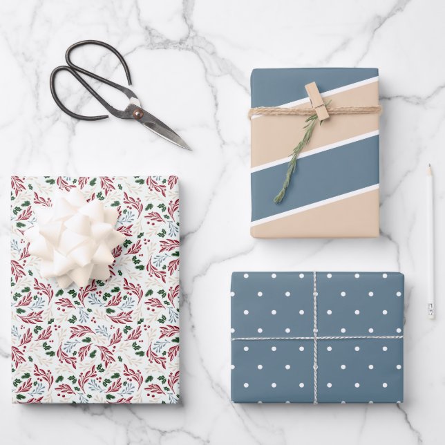 Winter Greenery Blue and Tan Patterns Christmas Wrapping Paper Sheet (Front)