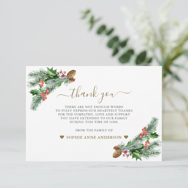 Winter Greenery Bouquet Photo In Loving Memory  Thank You Card (Standing Front)