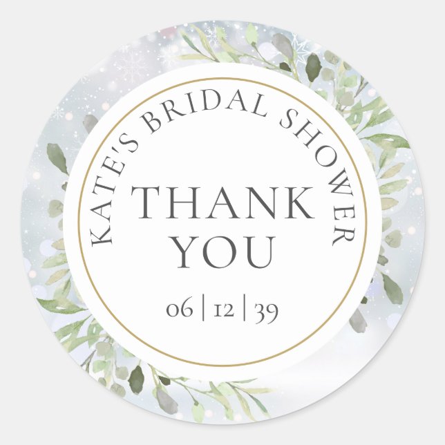 Winter Greenery Bridal Shower Thank You Favour Classic Round Sticker (Front)