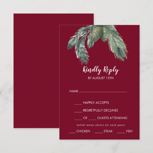 Winter Greenery Burgundy Menu Choice Wedding RSVP  (Front/Back)