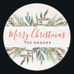 Winter Greenery Christmas Label<br><div class="desc">Holiday Sticker features a hand painted watercolor frame,  holly branches with red berries,  pines and winter foliage design.
Personalized and send a sticker to friends and family will love. Add your own greeting and everyone's names.</div>