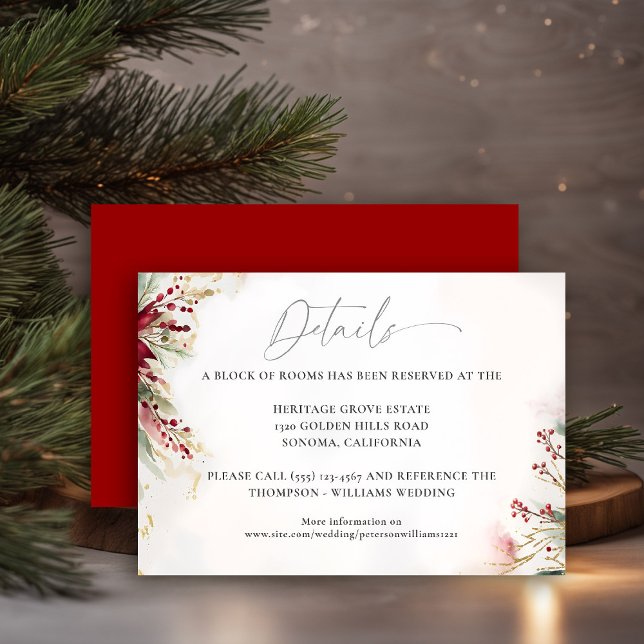 Winter Greenery Christmas Red Wedding Details Enclosure Card (christmas wedding details card botanical red berries watercolor greenery elegant modern classic)