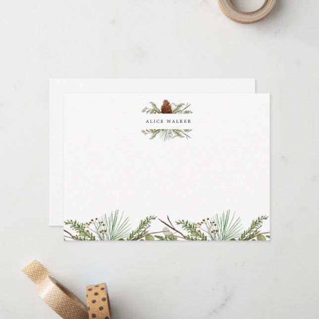Winter Greenery Elegant Monogram Note Card (Front/Back In Situ)
